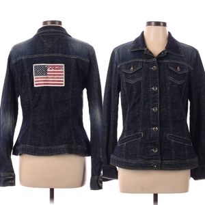 Tommy Hilfiger Women's L Dark Wash Denim Truckers Jacket USA Flag Patch Studded